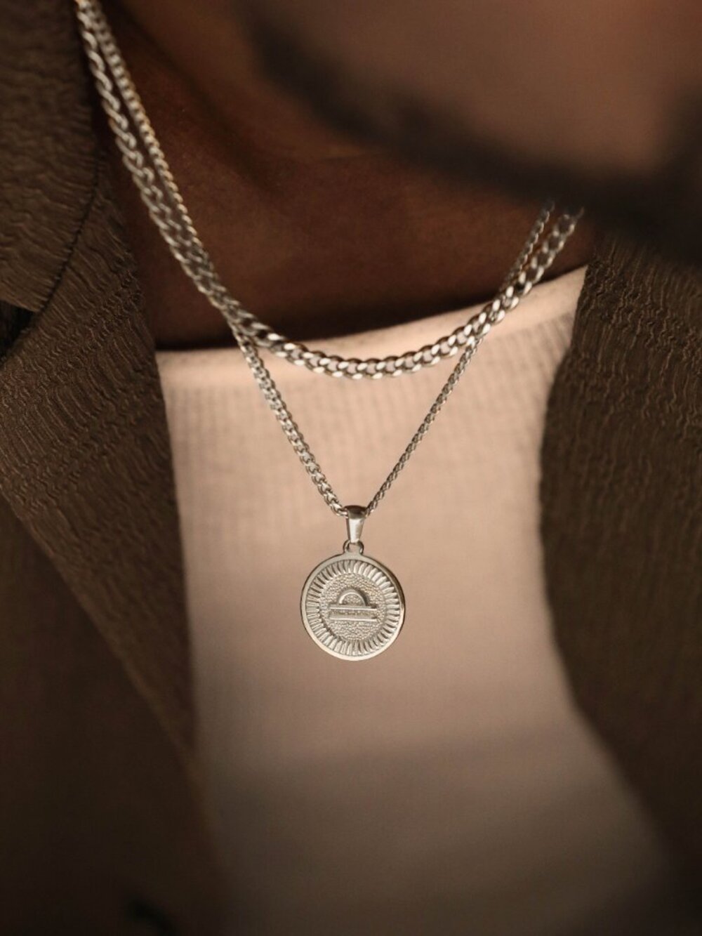 Men's Silver Libra Pendant Necklace Set